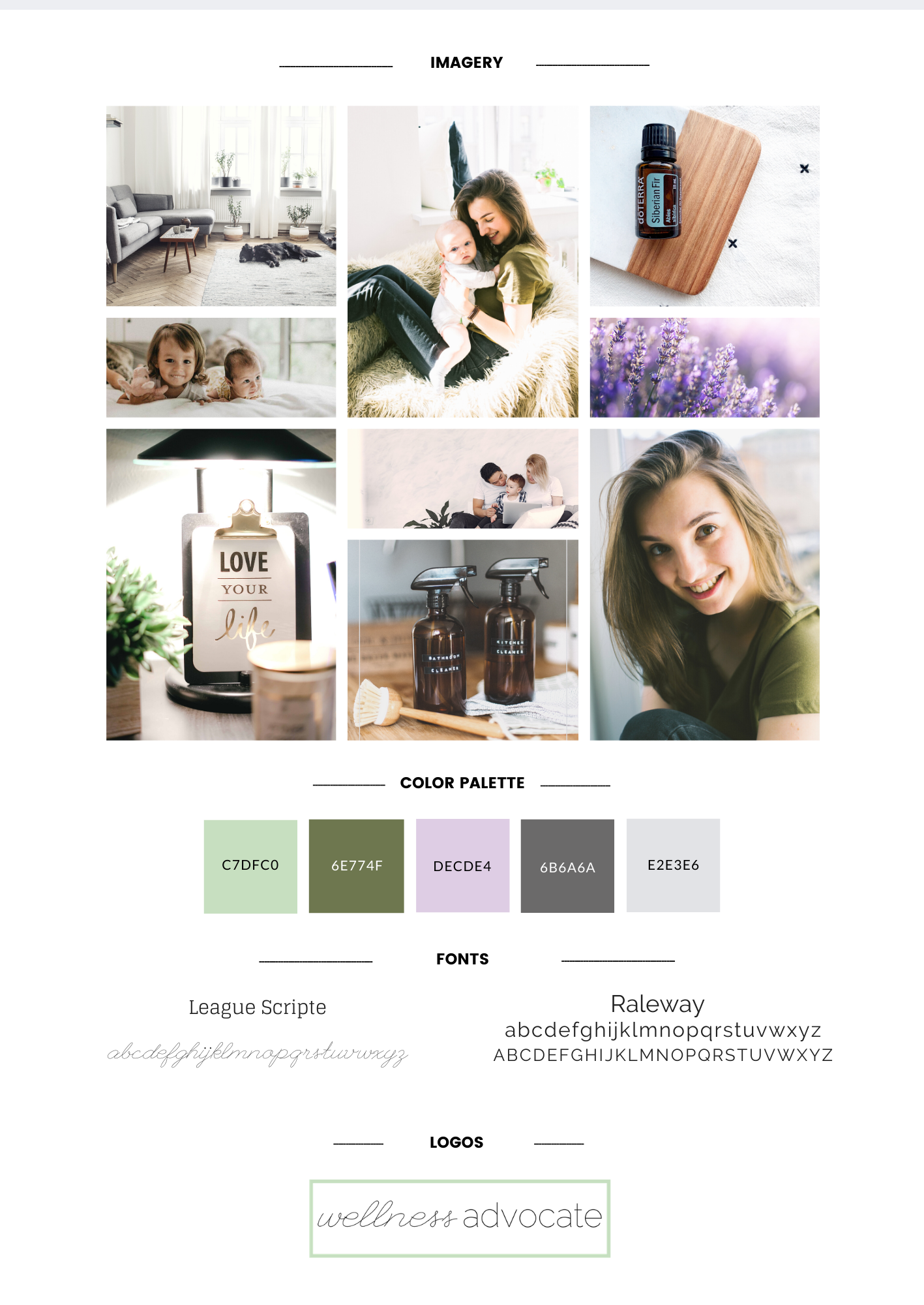 A brand board for an online entrepreneur, incorporating the basic visual aspects of their brand. This includes the images or graphics, colors palette, fonts, and logo.