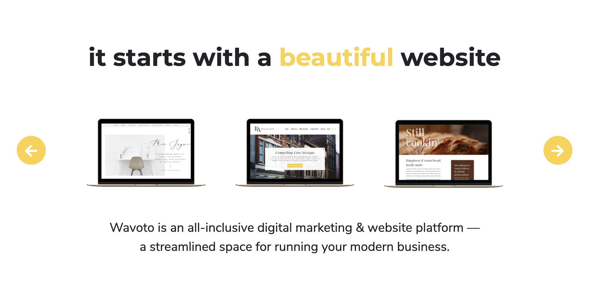 Example of a heading (it starts with a beautiful website) with images of website templates and then body text underneath to show what titles and headings on a website look like.