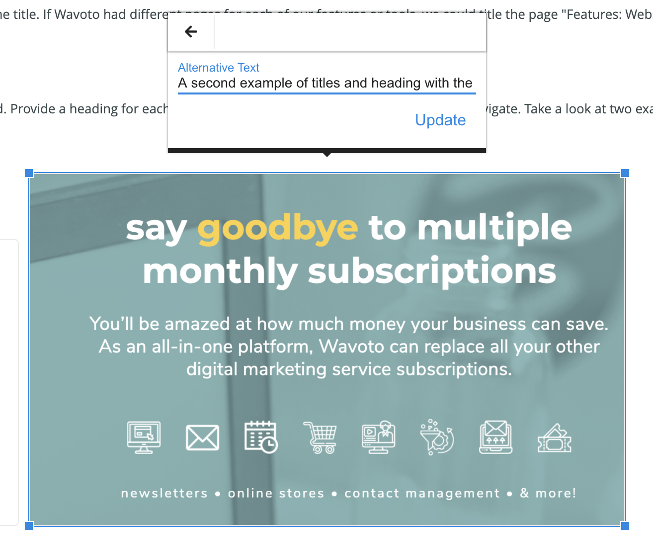Showing what alternative text looks like on the example image of titles and headings.