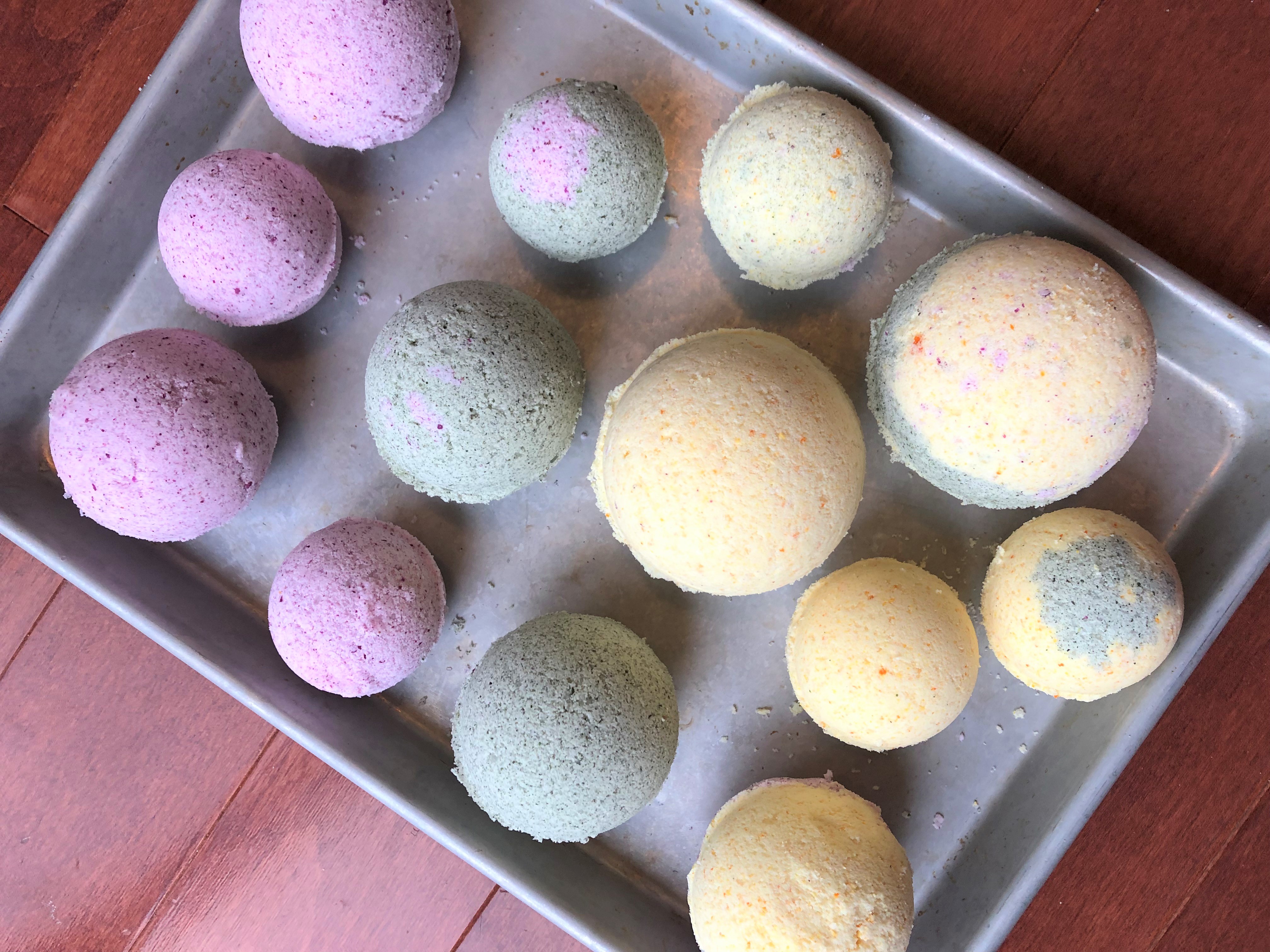 homemade bath bombs with plant-derived pigments