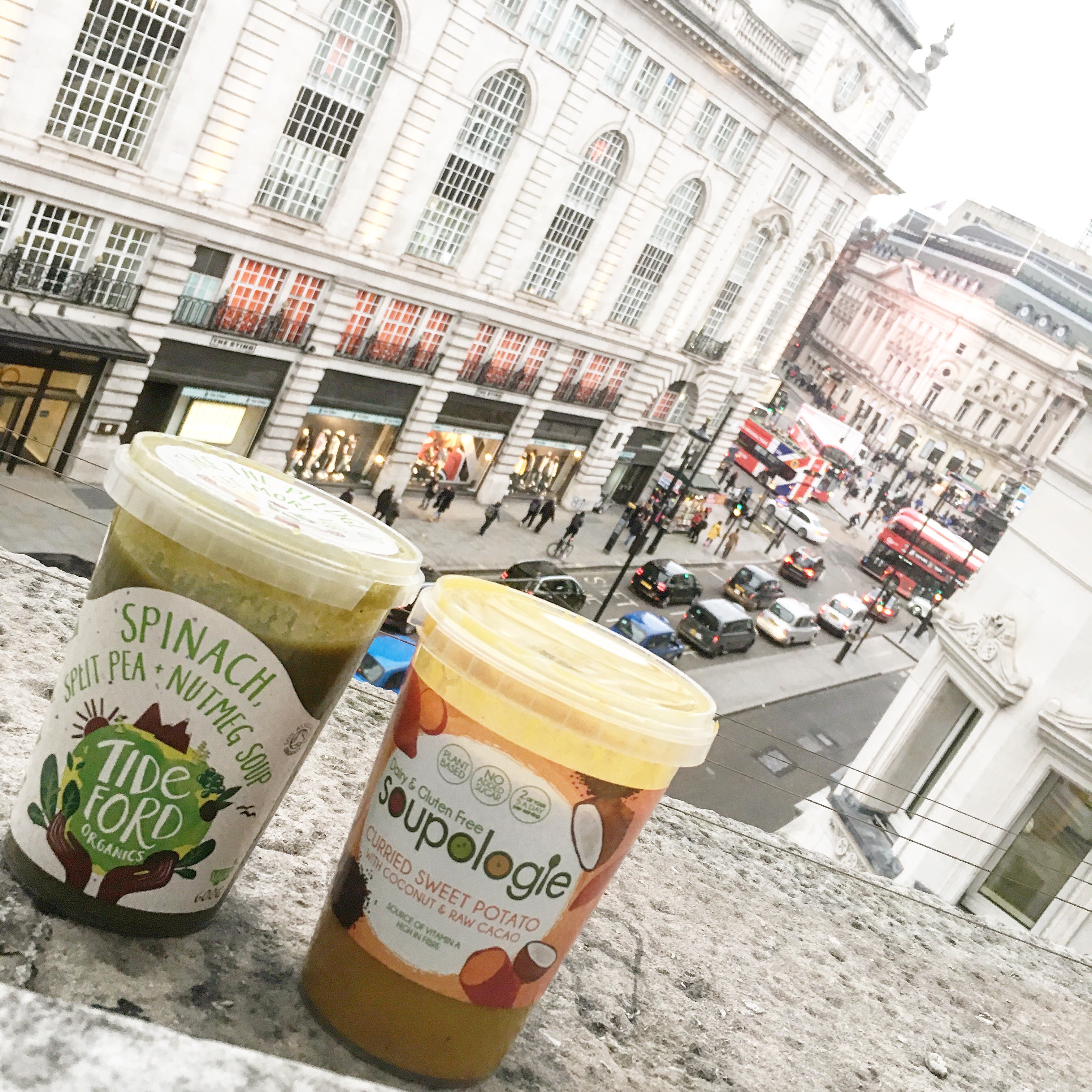 Piccadilly Circus with soup from Whole Foods