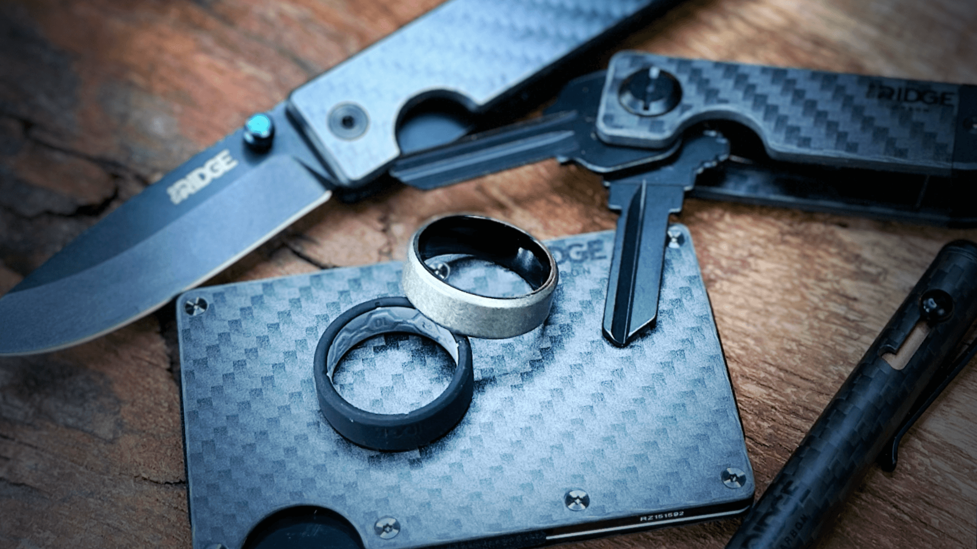 The Ridge Wallet, Ridge Ring, Ridge Bolt Action Pen, and Ridge Key Case
