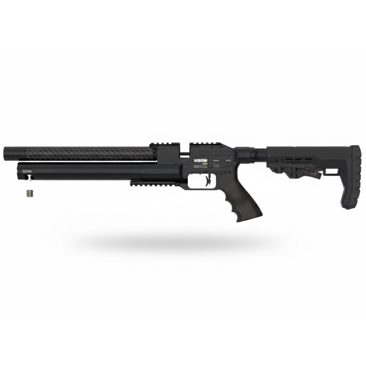 Bottom view of the Epic Vision Classic showing the integrated Picatinny rail for bipod mounting and the covered filling port.