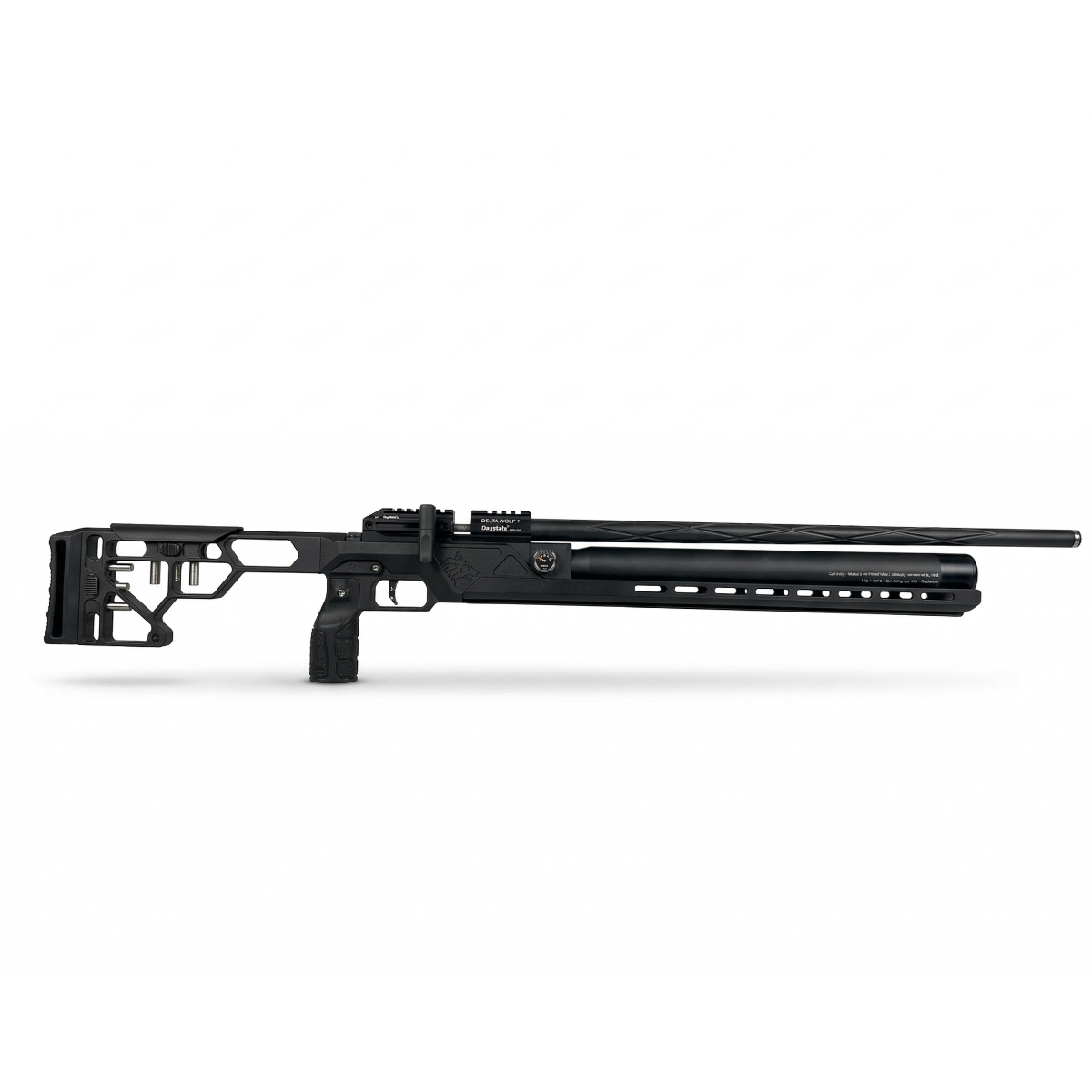 Full right profile of the Daystate Blackwolf Onyx custom slug rifle. Showcasing the tactical chassis, 25-inch X-fluted barrel, and high-capacity air cylinder. 150 ft-lb PCP air rifle exclusive to Edgun West.