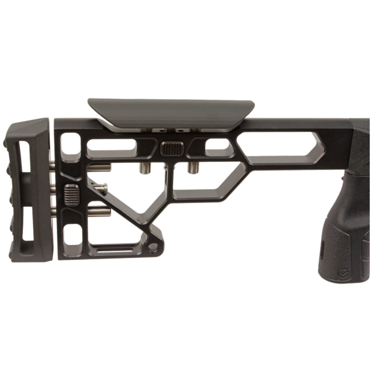 Detailed view of the Daystate Blackwolf Onyx tactical skeletal stock. Engineered for stability and adjustable ergonomics in long-range shooting and hunting applications.