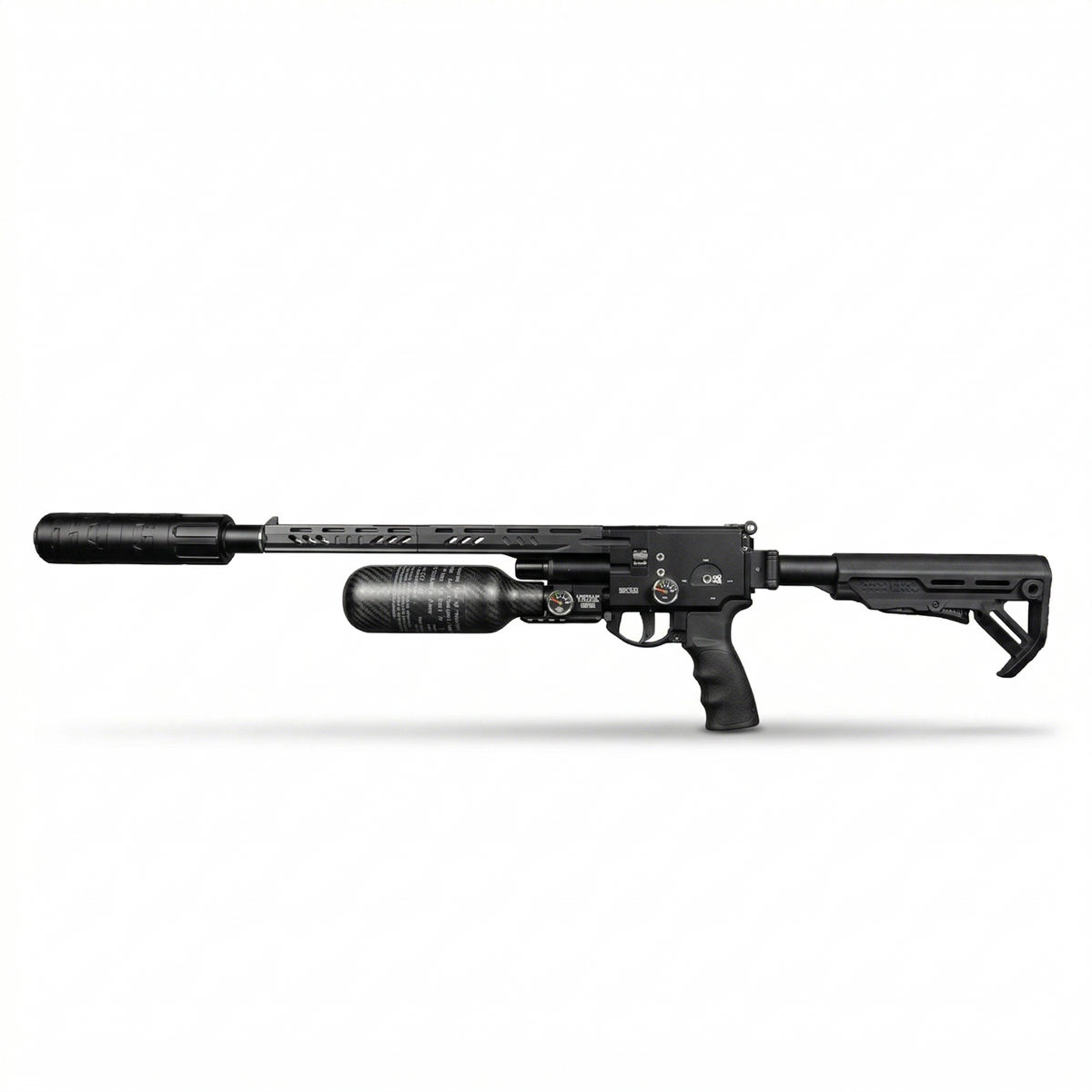 Left profile of the Western Airguns Mordax Stinger Long Strike featuring the 14-inch match-grade barrel, 300cc air bottle, and select-fire switch for semi and full-auto shooting.