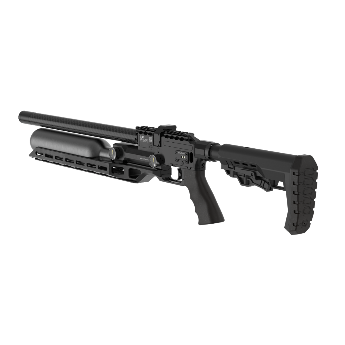 Rear 3/4 angle of Epic Vision Arca Tactical showing AR-style stock and Arca-Swiss rail