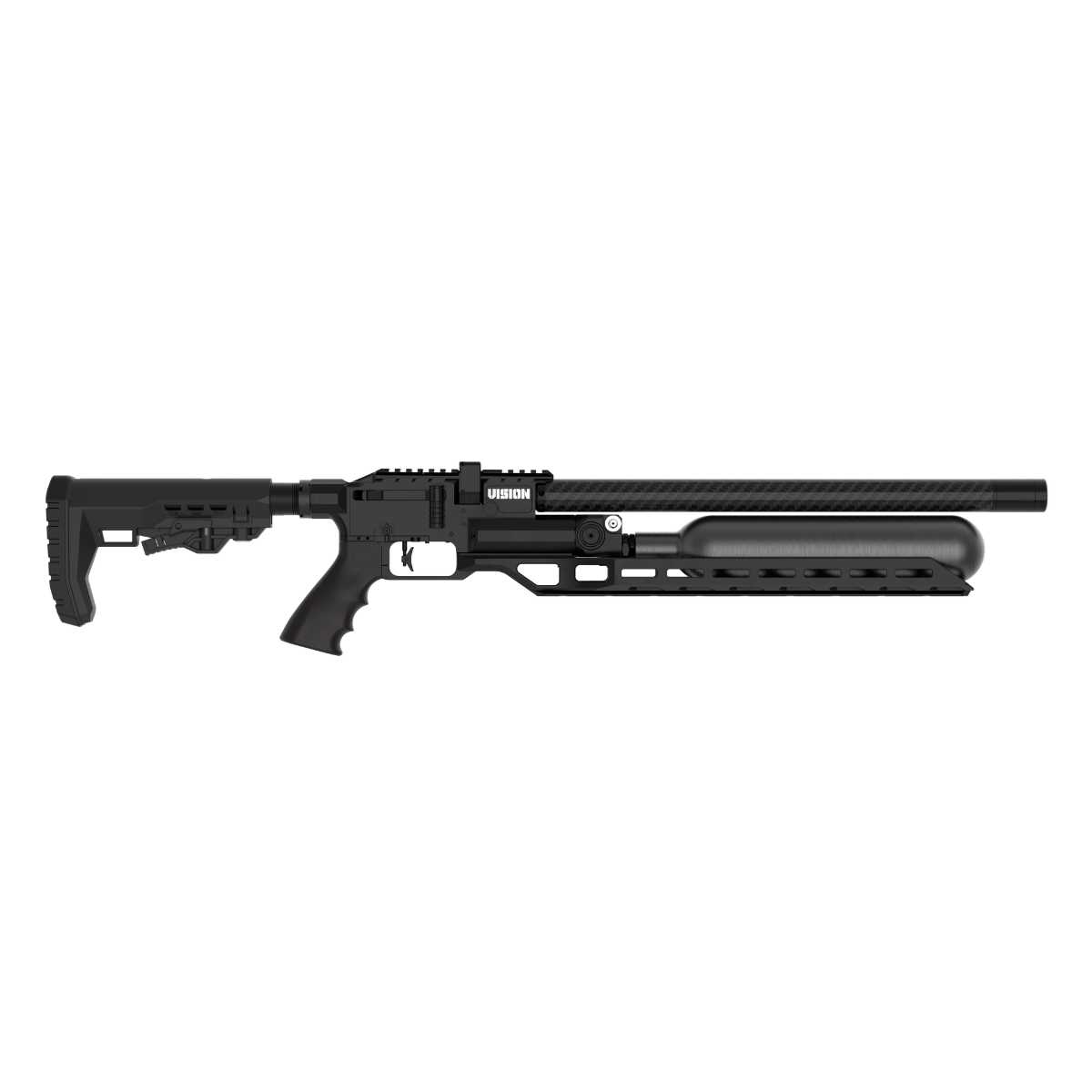 Right side view of Epic Vision Arca Tactical PCP air rifle with carbon fiber bottle