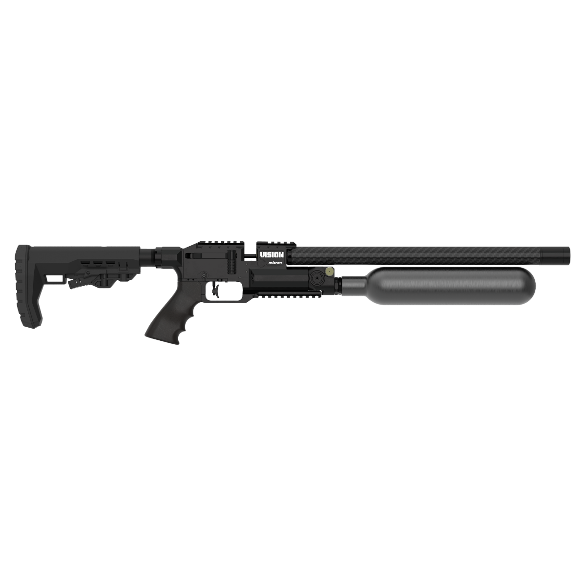 Right side profile of Epic Airguns Vision 420mm Carbon Bottle edition tactical air rifle optimized for long-range slugs and pellets.