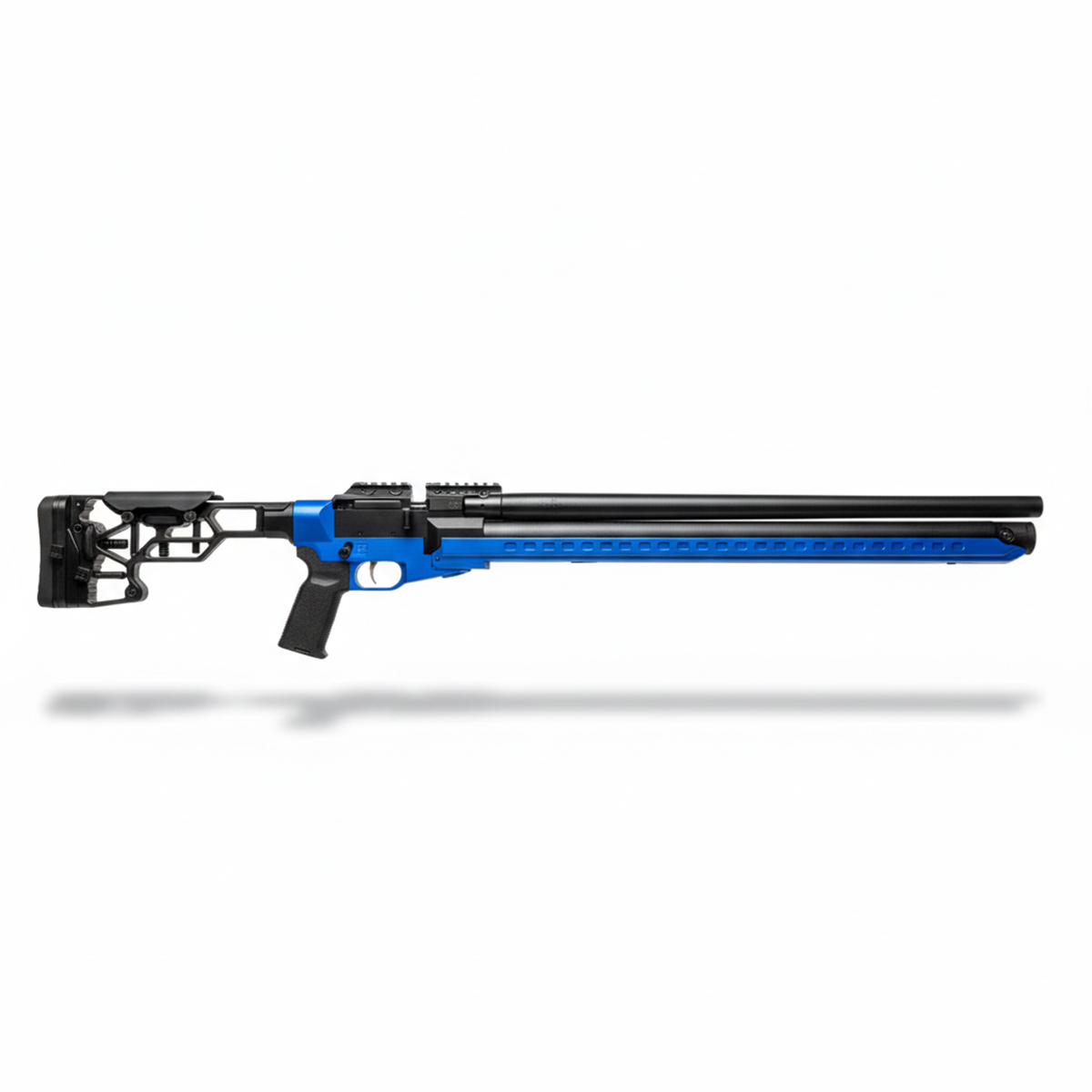 Right side profile of the American Air Arms HPS Apex competition benchrest rifle featuring the blue tactical chassis and 1.45 inch bull barrel.