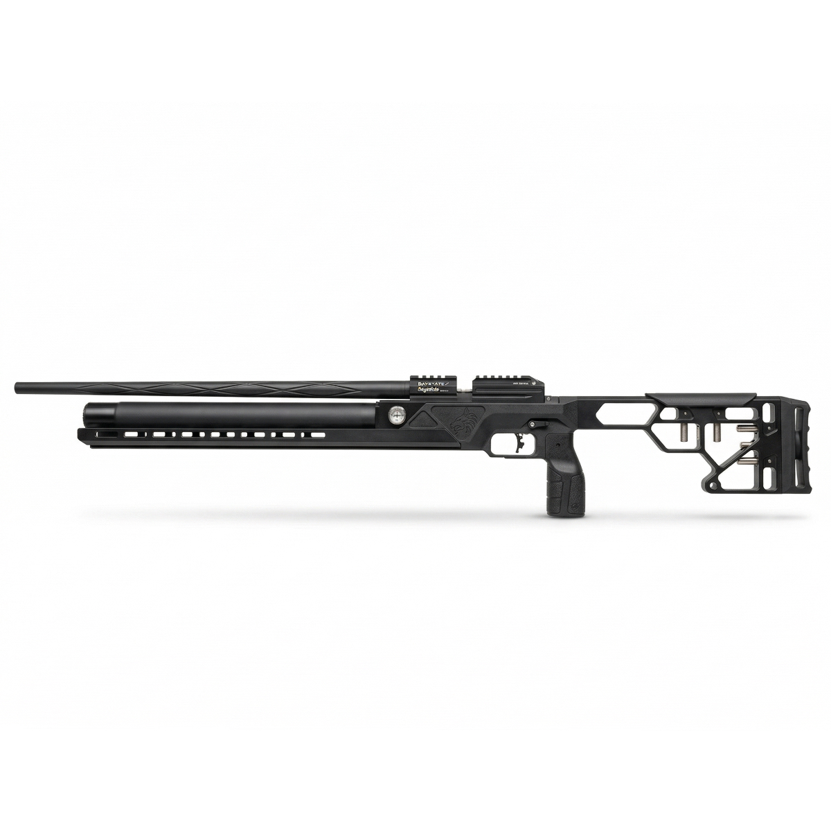 Left side view of the Daystate Blackwolf Onyx showing the tactical tube chassis and extended slug barrel. A high-power .22, .25, and .30 caliber PCP air rifle optimized for long-range precision.