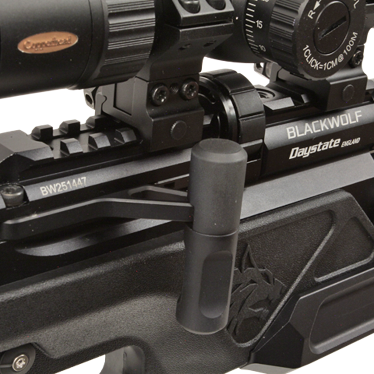 Close-up of the Daystate Blackwolf Onyx forend, air cylinder, and the 25-inch custom 1:16 twist fluted slug barrel designed for high-BC projectile stabilization.
