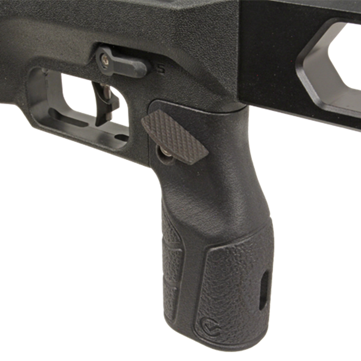 Close-up of the Feinwerkbau mechanical match-grade trigger installed on the Daystate Blackwolf Onyx. This Olympic-standard trigger provides a crisp mechanical break for ultimate accuracy