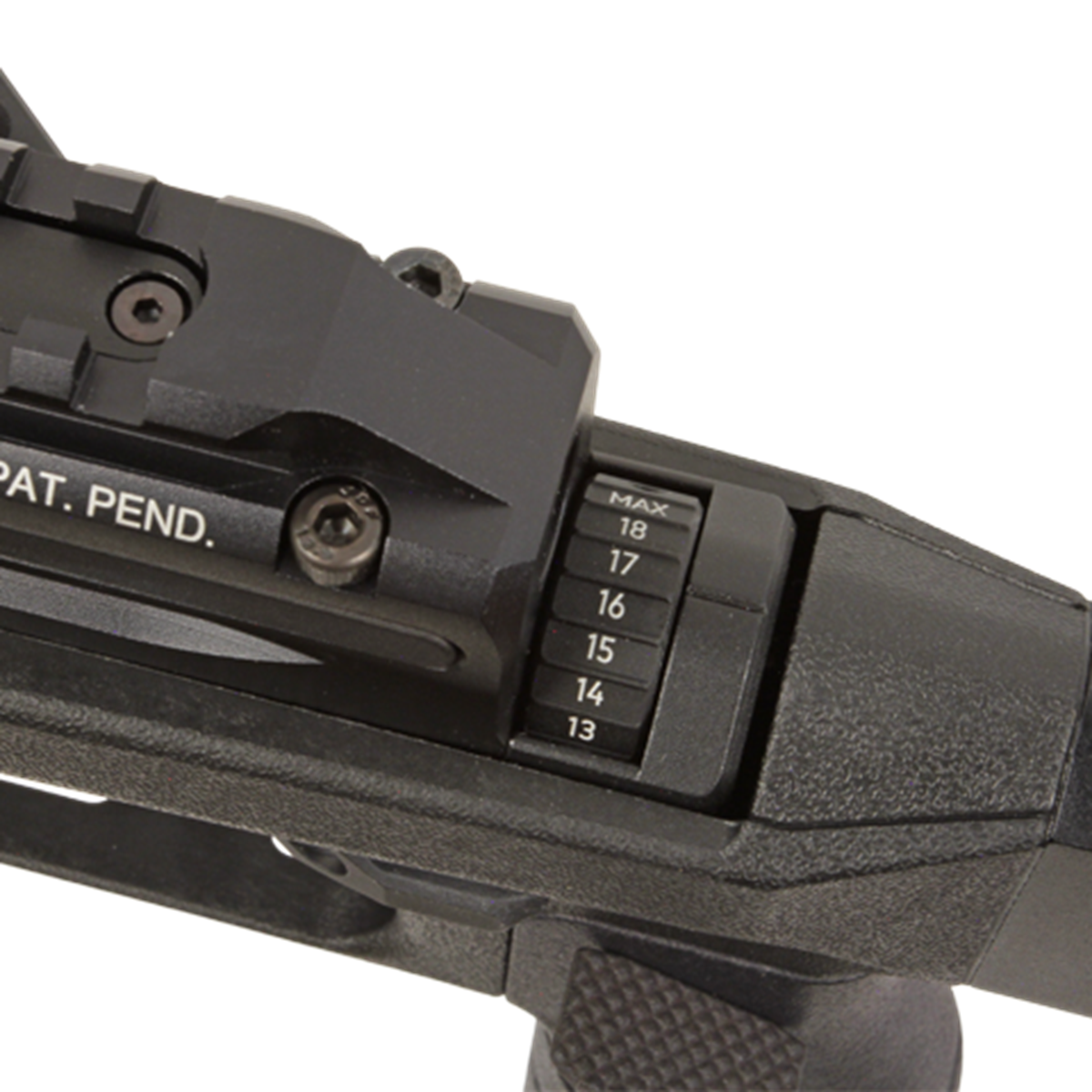 Top-down view of the Daystate Blackwolf Onyx receiver, highlighting the Picatinny rail for optics and the 20-position power adjuster for dialing in 150 ft-lbs of energy.