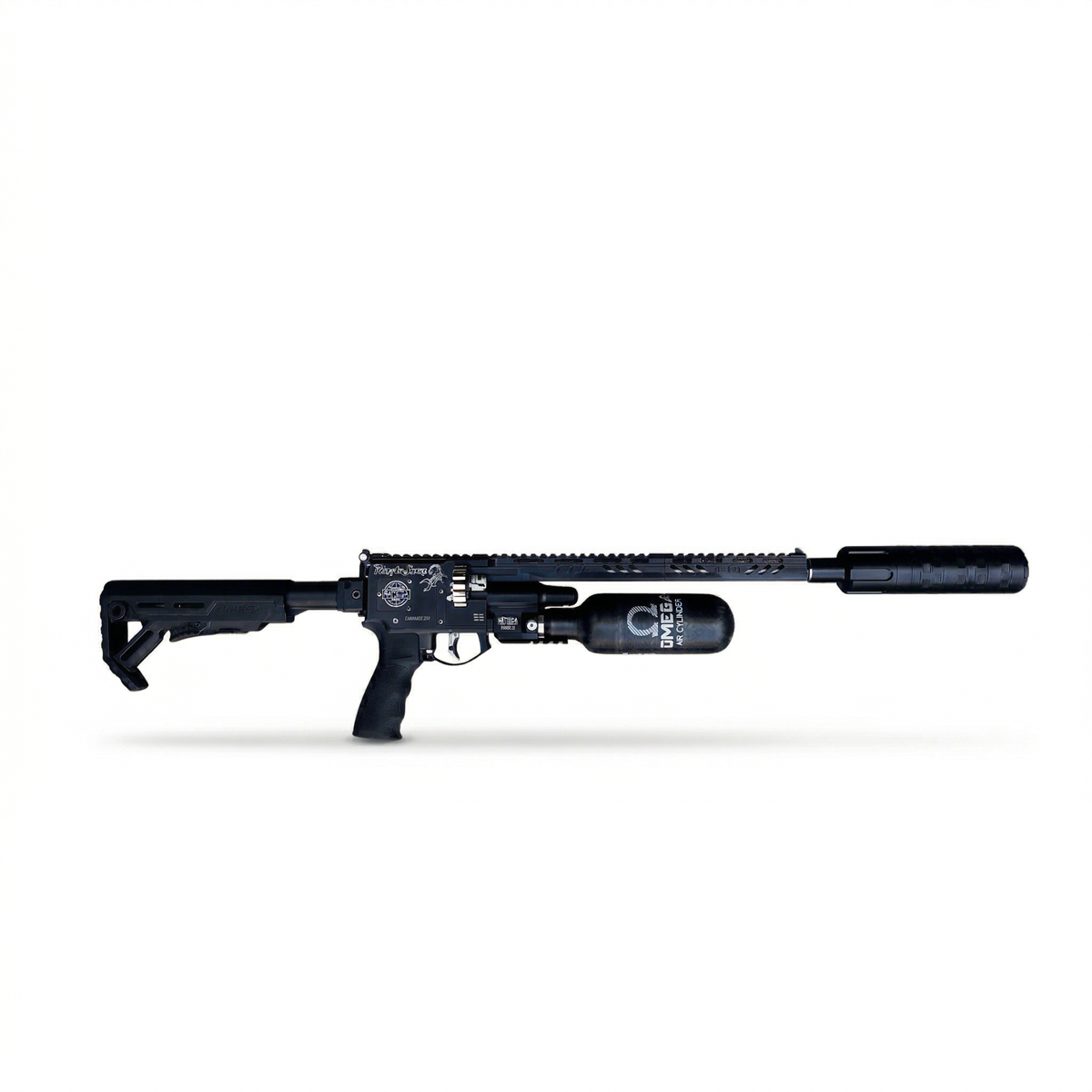 Side view of the Western Mordax Stinger Long Strike select-fire PCP air rifle with Behemoth silencer and 6-position folding AR stock. High-performance tactical airgun available at Edgun West.