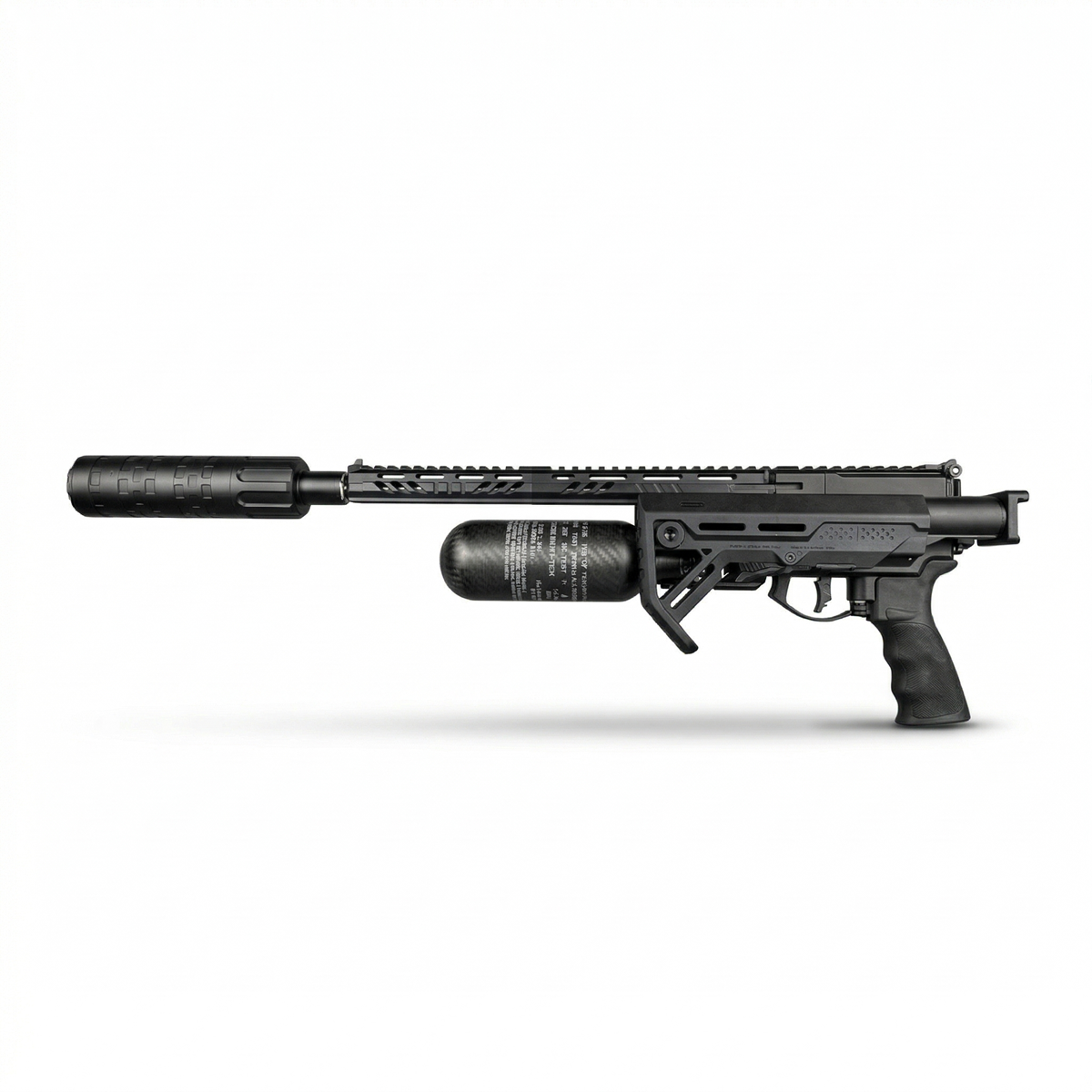 The Western Mordax Stinger Long Strike in its compact folded configuration. The 6-position AR stock is shown folded with the Behemoth suppressor still attached for easy transport and tactical storage.