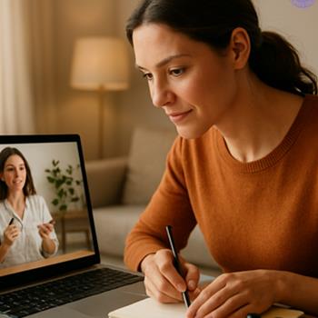 Someone taking notes during an online essential oils class, leaning in, genuinely engaged.