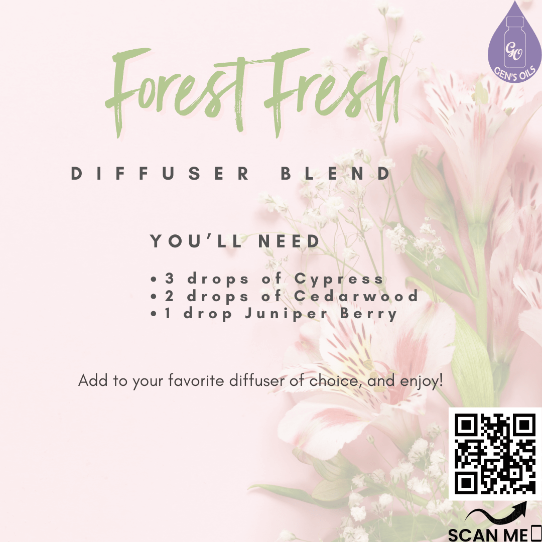 Forest Fresh Diffuser Blend. The QR code opens a link to purchase these oils.