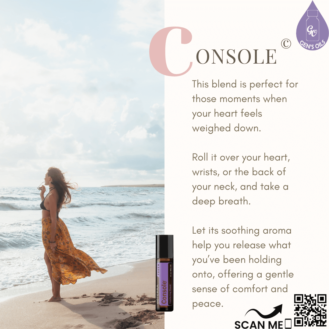 A woman standing on a beach & a bottle of Console Touch essential oil. The QR code opens a link to purchase Console.