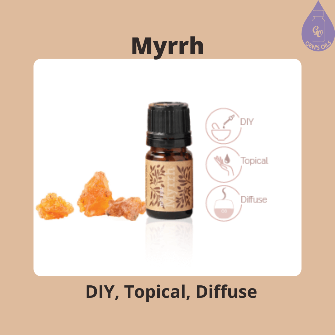 Myrrh essential oil with the plant beside it.