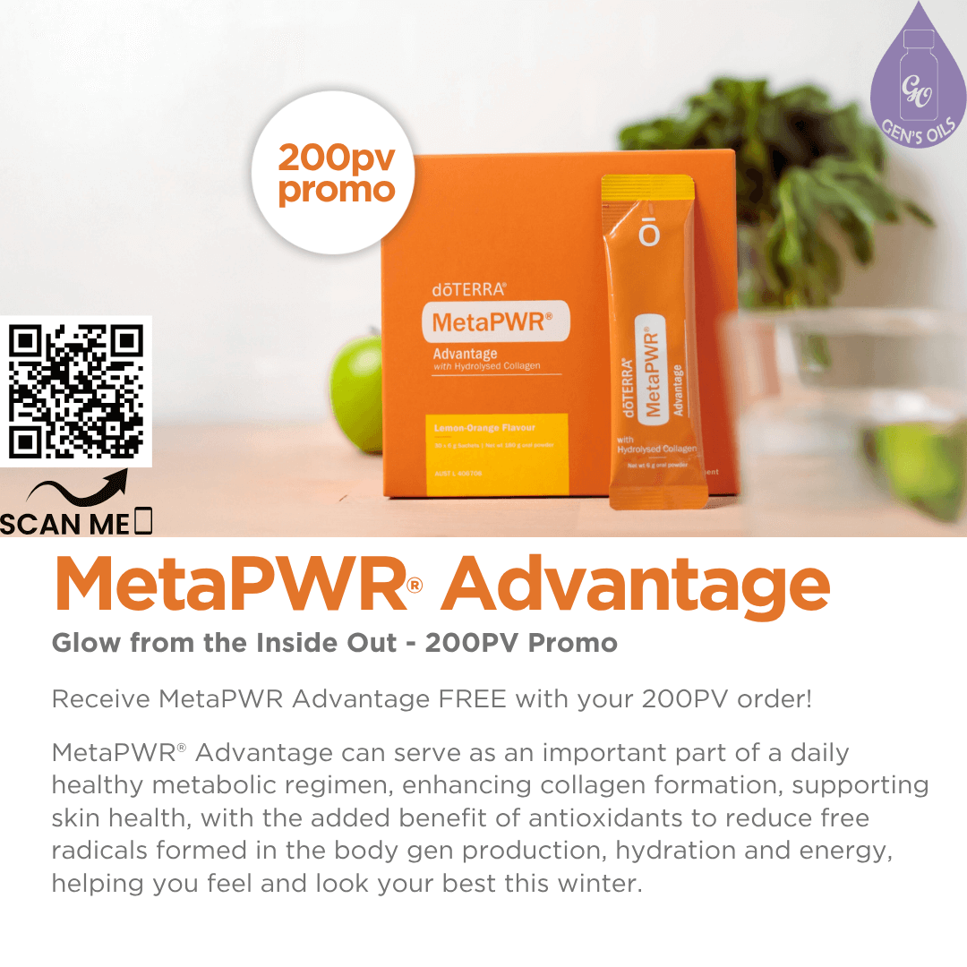200PV Promotion. MetaPWR Advantage.  The QR code opens a link to contact me & learn how you can earn free oils.