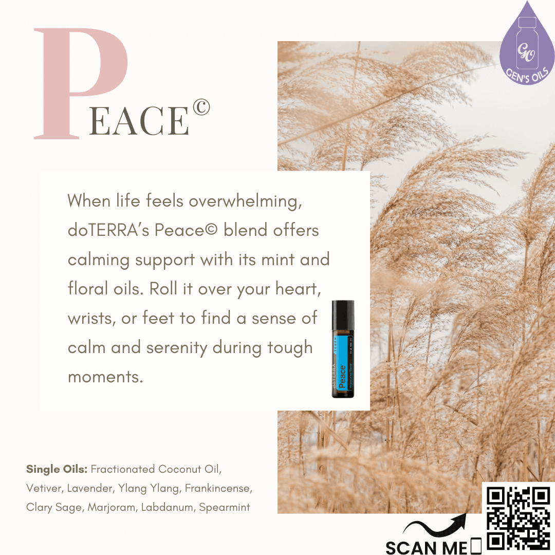 A bottle of Peach Touch essential oil. The QR code opens a link to purchase Peace.