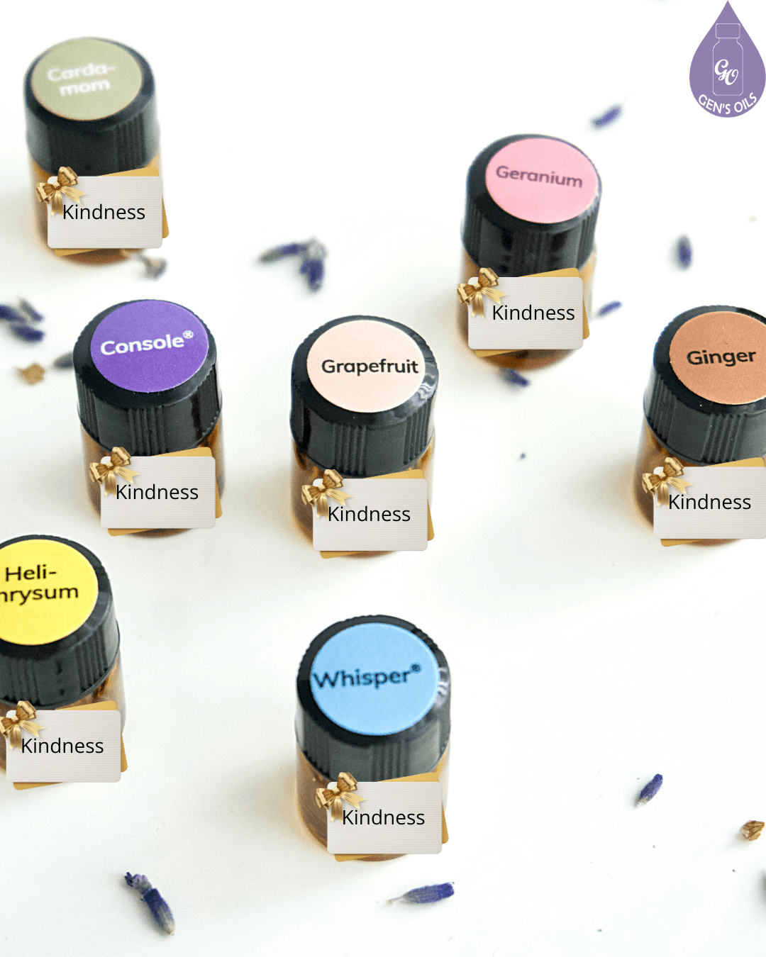 Essential oil samples with gift tags reading "Kindness."