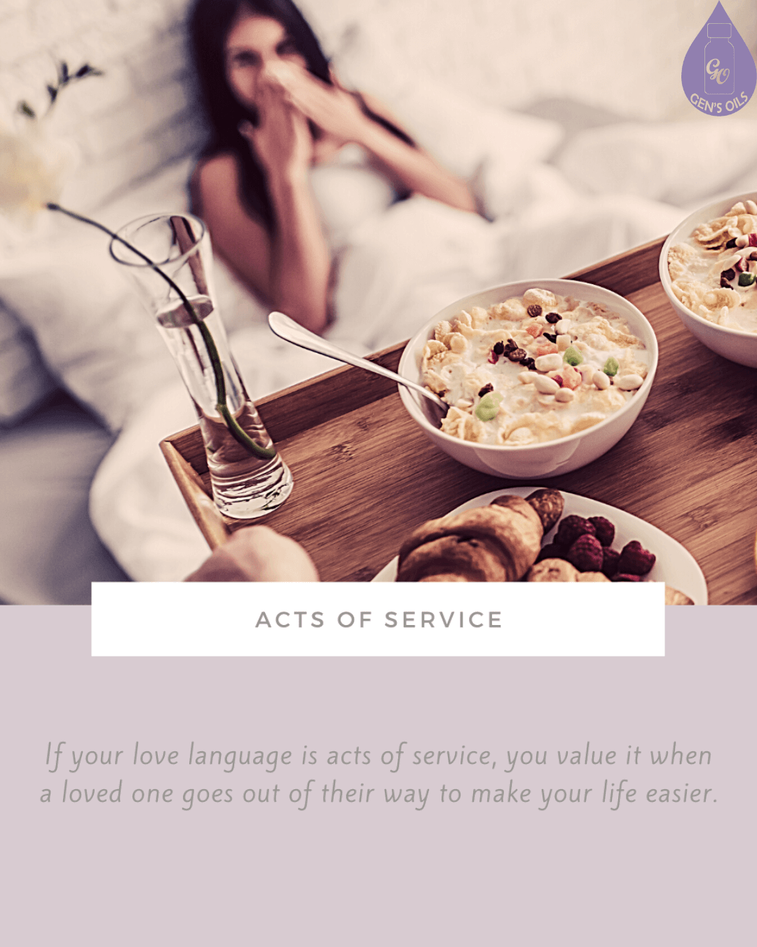 A wooden tray with breakfast items including cereal, croissants, berries, and fruit, served to someone in bed.