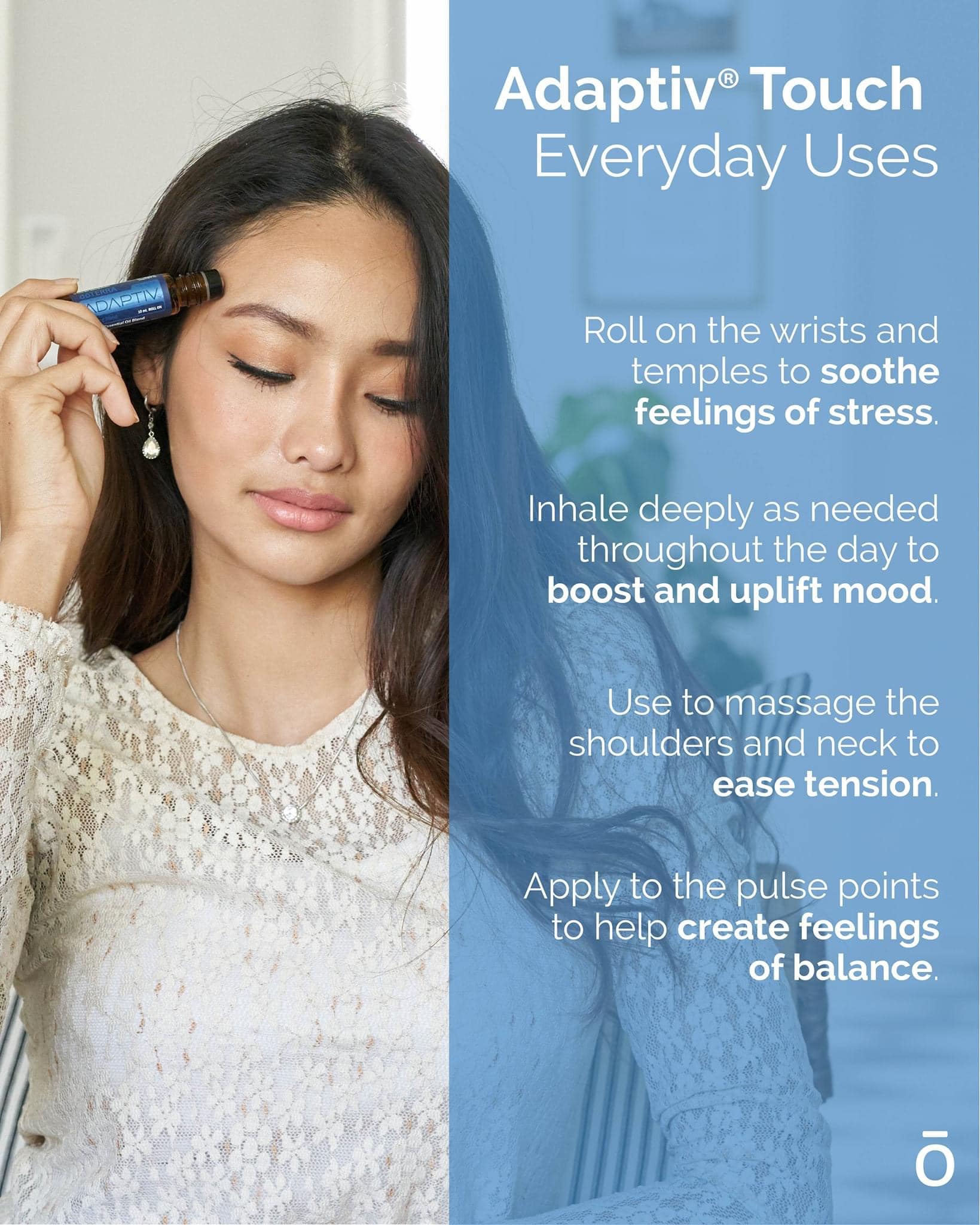 A woman applies Adaptiv Touch to her temples. Text reads 'Adaptiv Touch Everyday Uses'