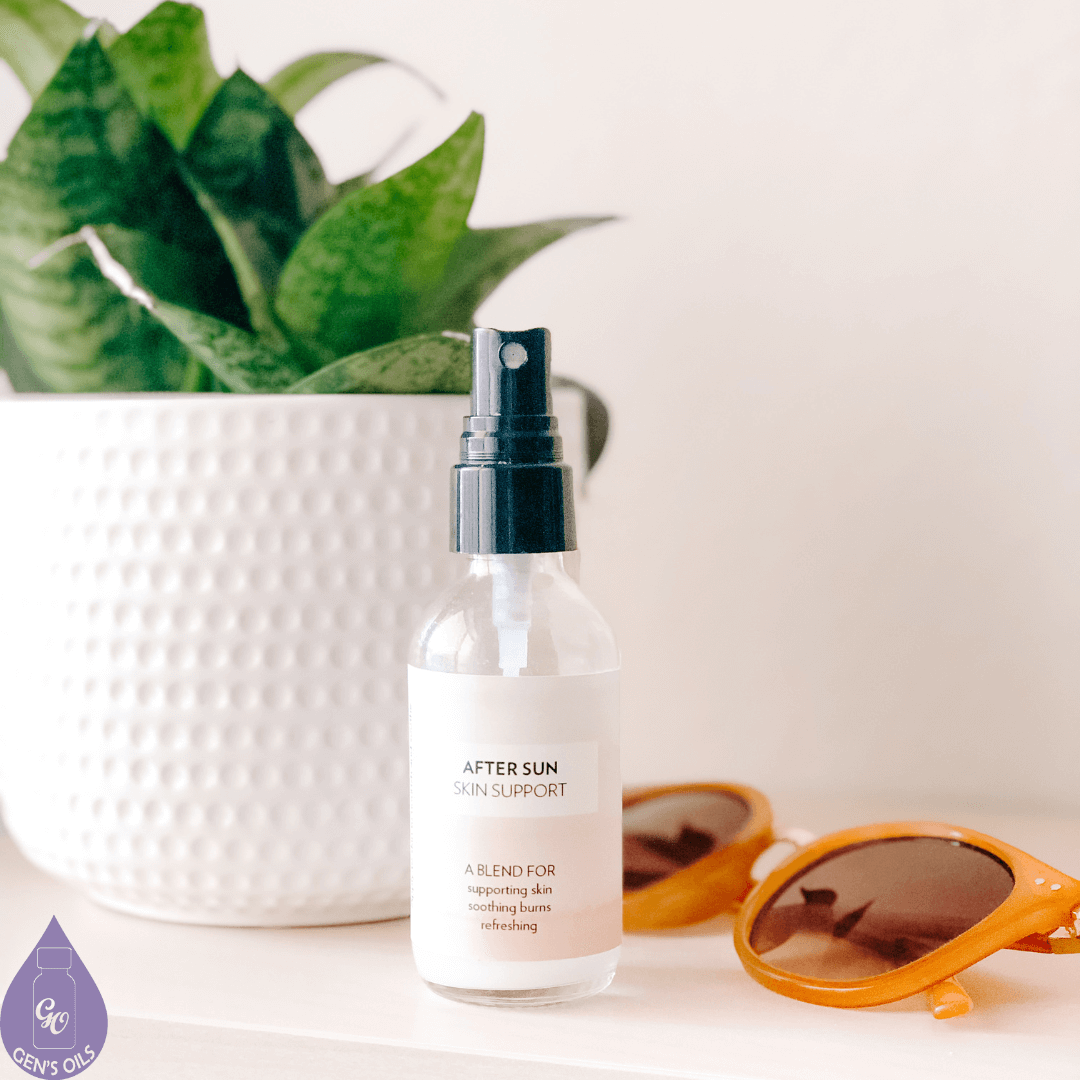 A bottle of Skin Support on a table next to a pair of sunglasses