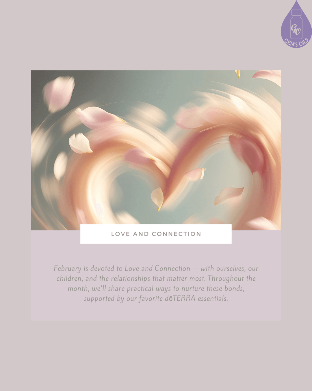 Abstract heart shape formed by swirling pink and white petals against a muted blue-grey background. Text below reads 