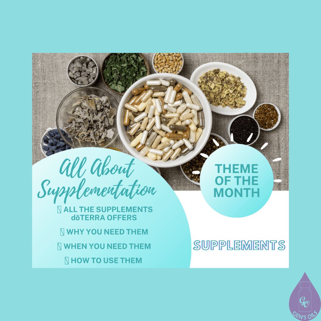 Dishes with different supplements. Text reads Theme of the Month, All About Supplementation