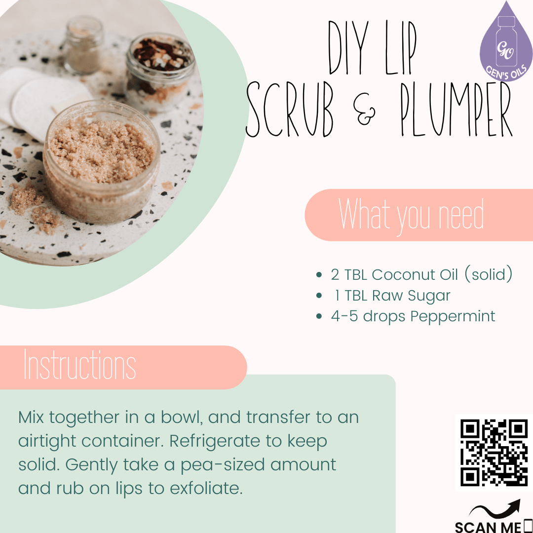 DIY Lip Scrub & Plumper recipe with image of it made up. The QR code opens a link to purchase Peppermint essential oil & a 3 pack of lip balm.