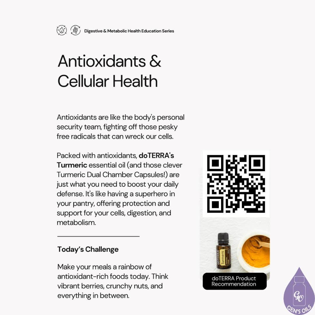 Antioxidants & Cellular Health with a picture of a bottle of Turmeric essential oil & a bowl of Turmeric powder. The bar code opens a link to purchase Turmeric oil.