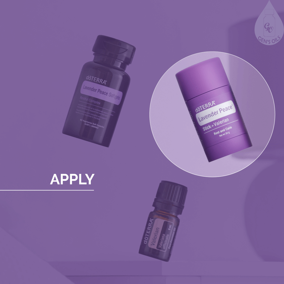 Lavender Peace Softgels, Lavender Peace Stick & Valerian essential oil, with a bright circle around Lavender Peace Stick. The text reads: Apply