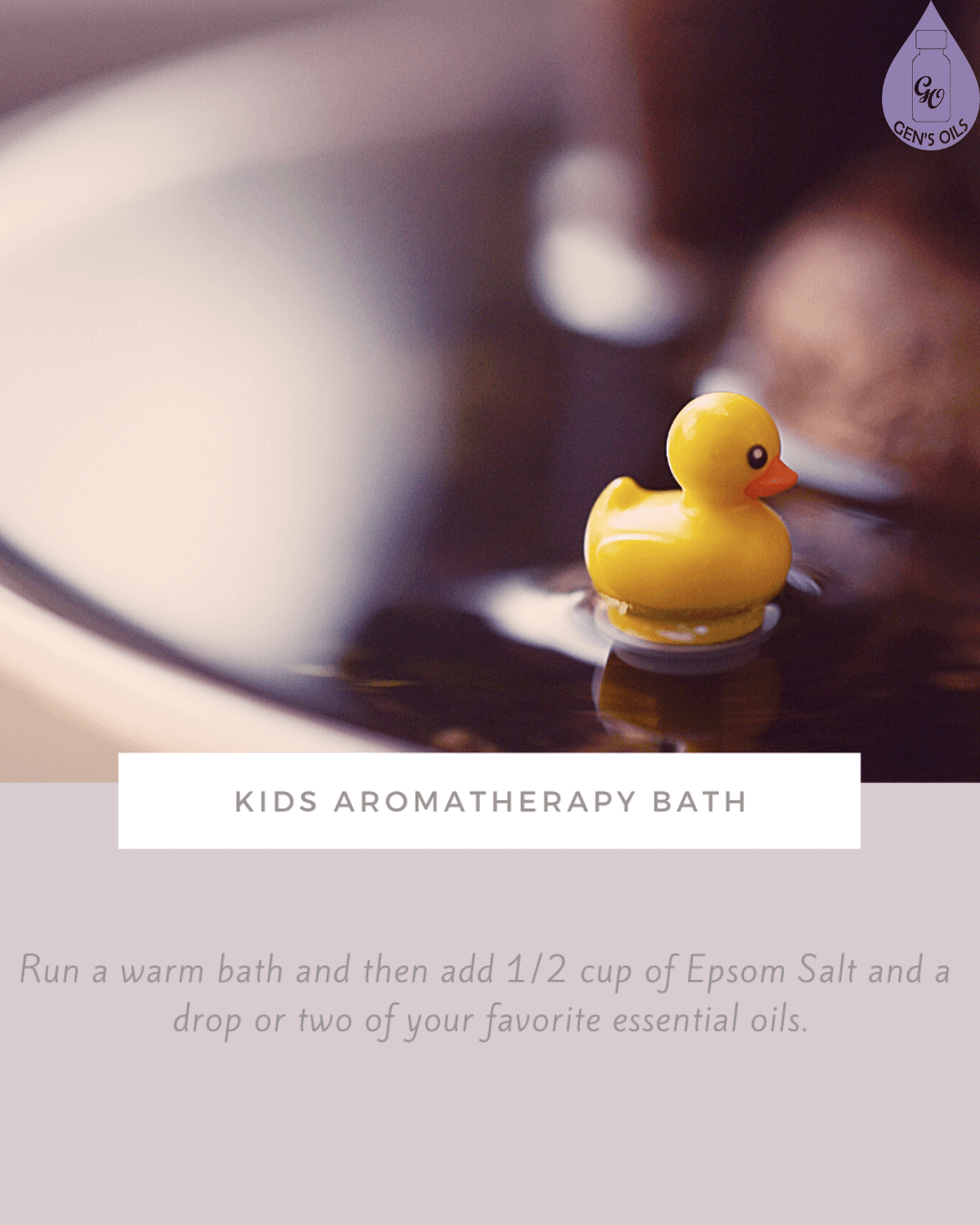 A yellow rubber duck floats in a bath with text overlay indicating "Kids Aromatherapy Bath" and instructions for adding Epsom salt and essential oils.