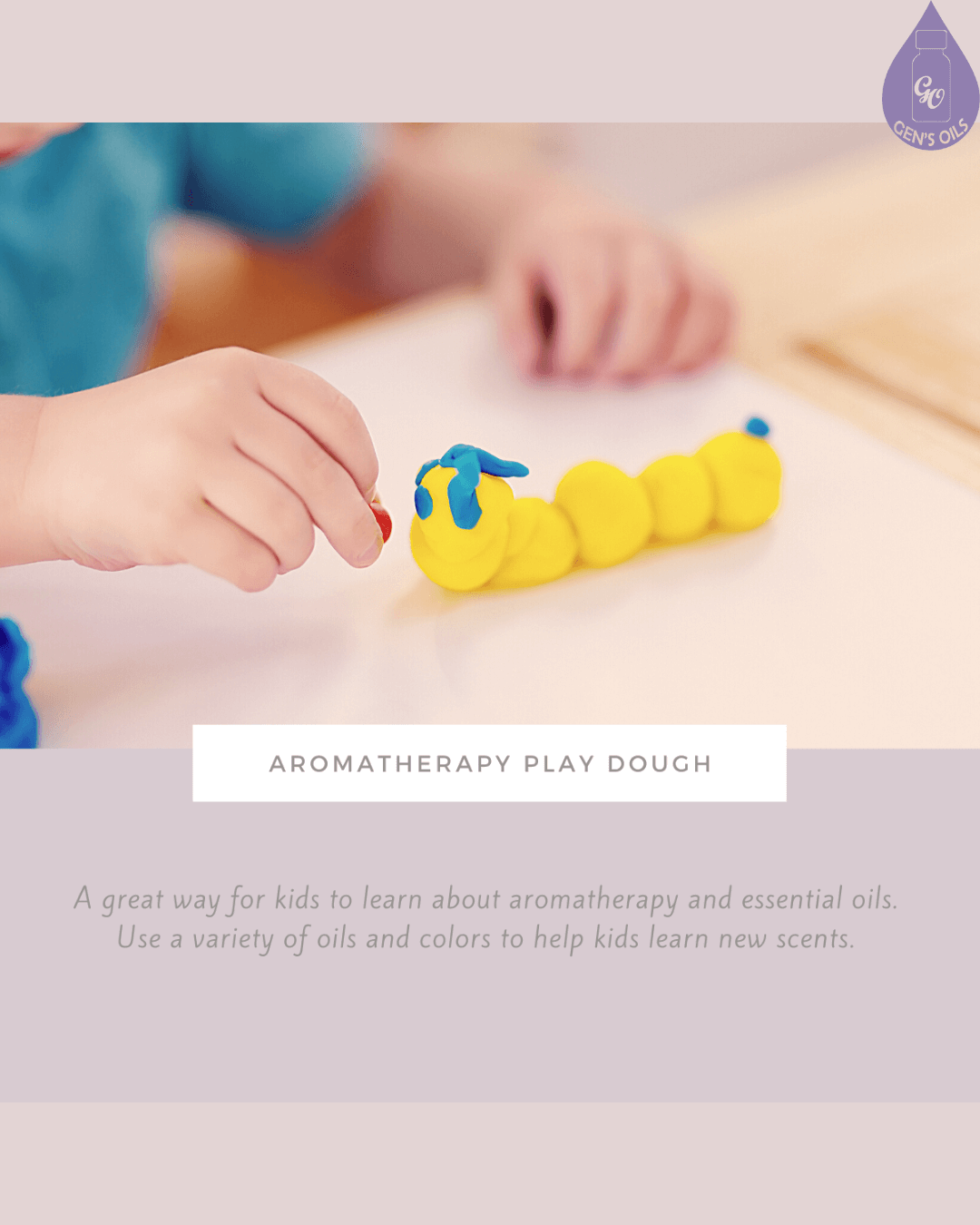 A child is playing with yellow playdough, shaping it into a caterpillar. A small red piece of playdough is held in their hand, about to be attached to the caterpillar's head.