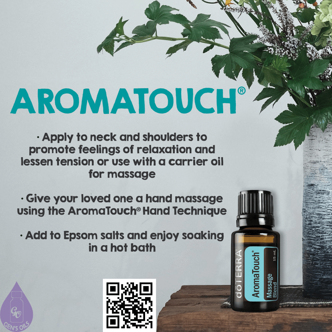 AromaTouch. A bottle of AromaTouch oils sits on a shelf. The QR code opens a link to purchase AromaTouch.