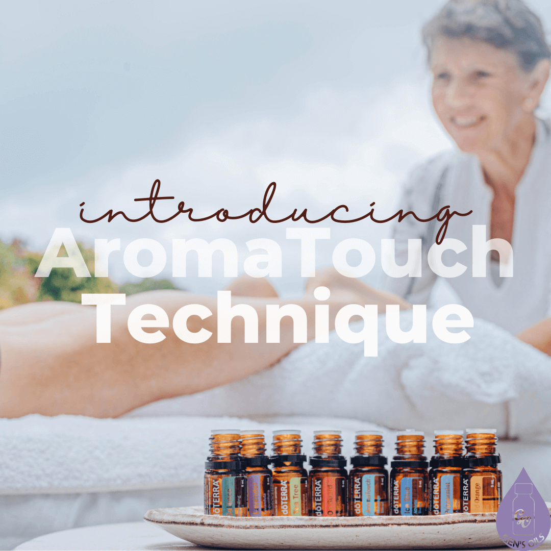 A lady demonstrating the ArmoaTouch Technique with the essential oils used showing.
