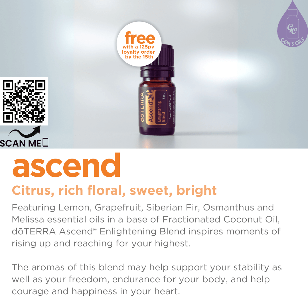 Ascend essential oil. FREE with every 125PV order placed by 15th March. (doTERRA account holders only). The QR code opens a link to contact me & find out how you earn FREE oils.