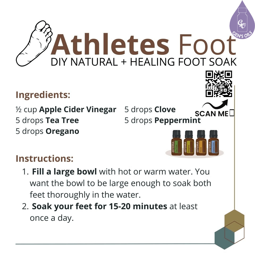 Athlete's Foot Support recipe with bottles of Tea Tree, Oregano, Clove & Peppermint essential oils. Scan the QR code to purchase these oils.