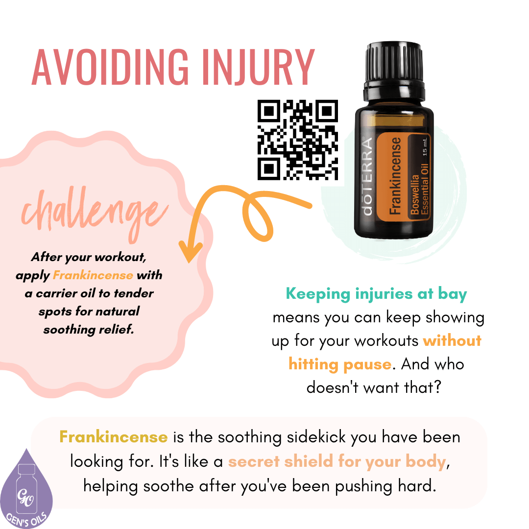 Avoiding Injury with a bottle of Frankincense essential oil. The QR code opens a link to purchase Frankincense oil