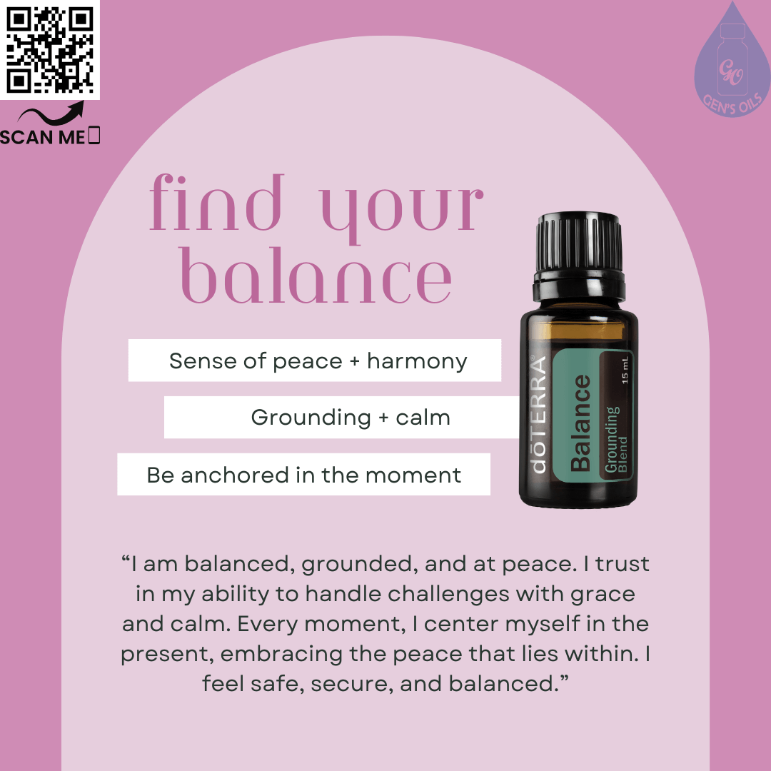 Find your Balance affirmation. The QR code opens a link to purchase Balance essential oil.