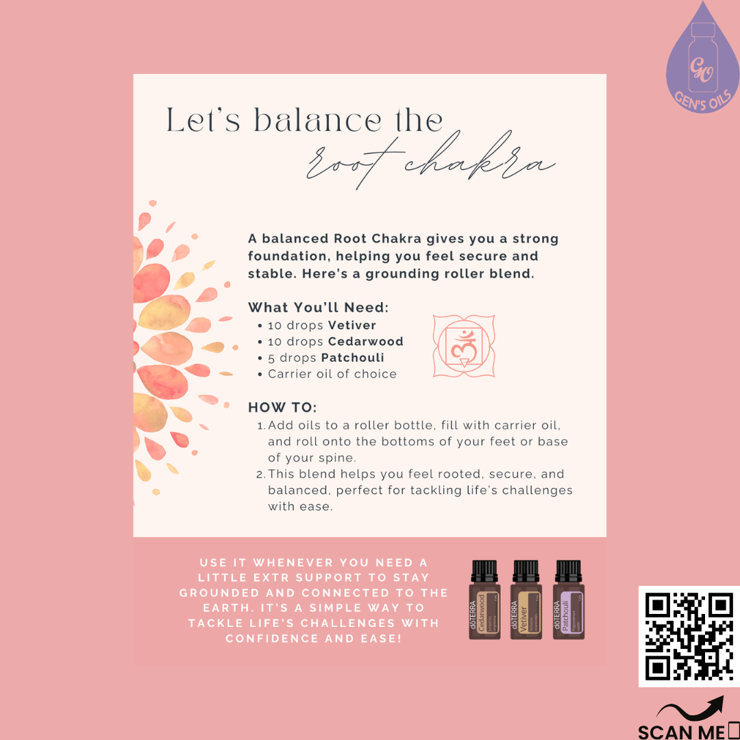 Grounding roller blend for balancing the Root Chakra. The QR code opens a link to purchase Vetiver, Cedarwood & Patchouli essential oils.