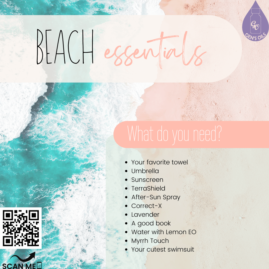 Beach essentials list. The QR code opens a link to purchase the suggested oils.
