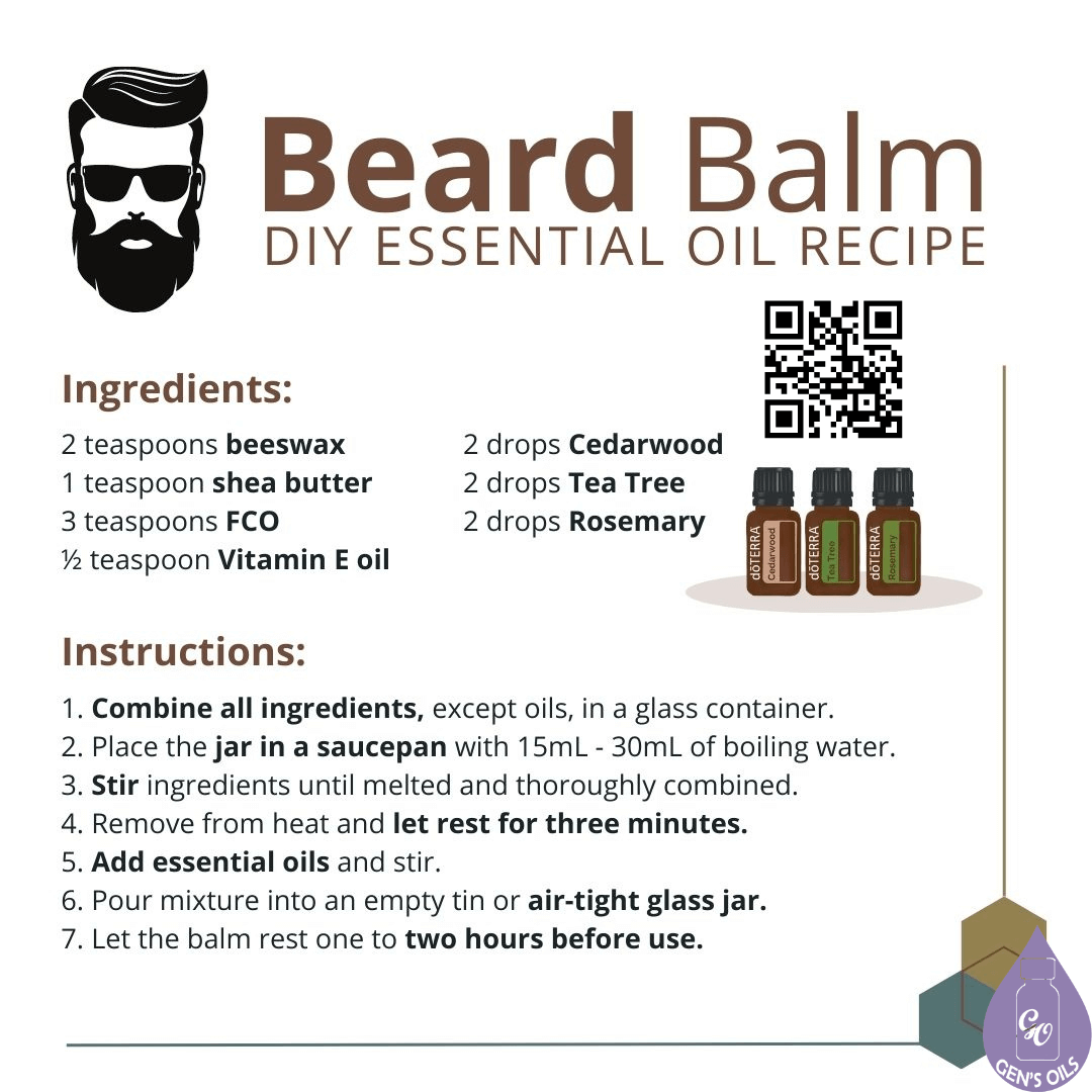 Beard Balm recipe. The QR code opens a link to purchase Cedarwood, Tea Tree & Rosemary essential oils.