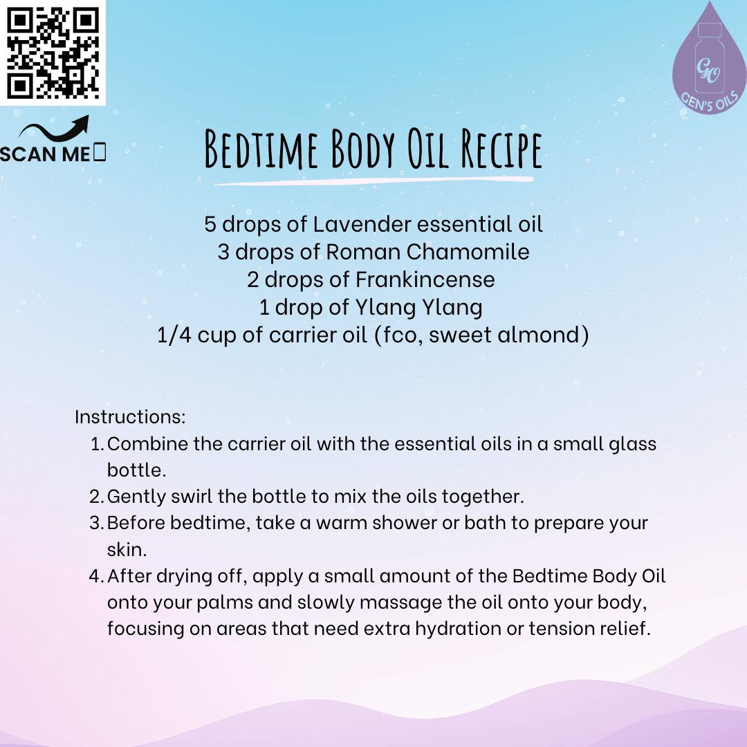 Bedtime Body Oil Recipe. The QR code opens a link to purchase Lavender, Roman Chamomile, Frankincense & Ylang Ylang essential oils.