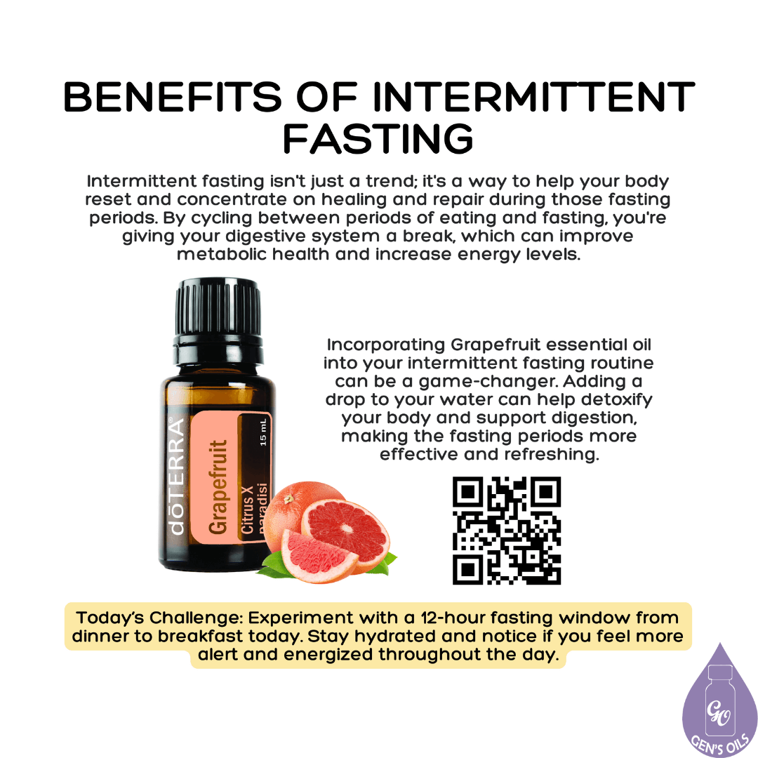 Benefits of Intermittent Fasting with a bottle of Grapefruit oil. The QR code opens a link to purchase Grapefruit essential oil