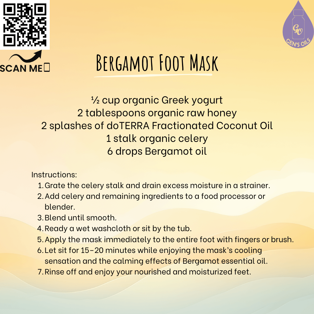 Bergamot Foot Mask recipe. The QR code opens a link to purchase Fractionated Coconut oil & Bergamot essential oil.