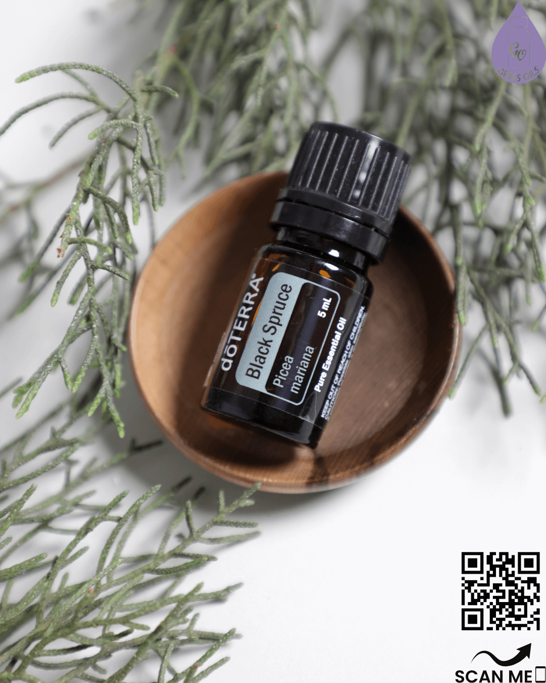 Black Spruce essential oil in a wooden bowl.
